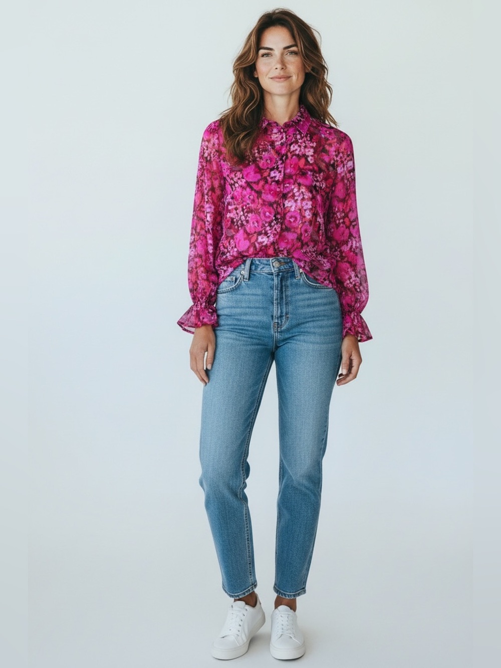 Steve Madden Chiffon Bell Sleeve Floral Print Fuchsia Button Up Shirt Size S NWT
